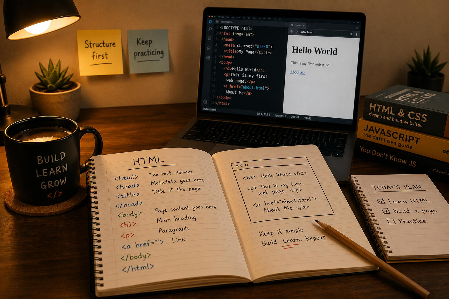 Notebook with HTML tags, laptop, coffee, and a warm coding workspace